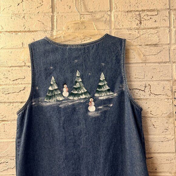 Karin Stevens Vintage Denim Jumper Dress – Snowman & Christmas Tree Print – 8 - Picture 8 of 9